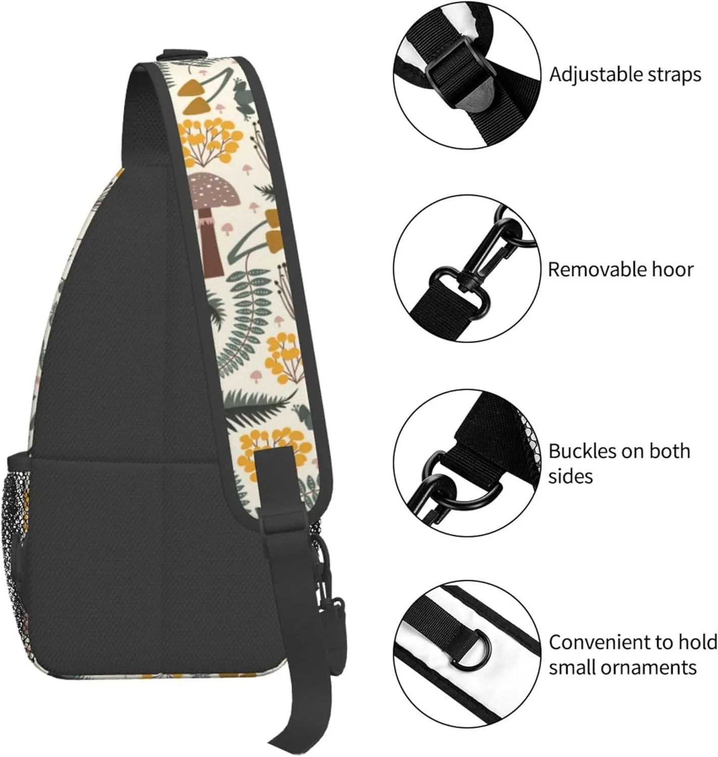 Mushroom Forest Leaves Sling Backpack Crossbody Bag, Chest Bag Daypack for Outdoors Hiking Traveling
