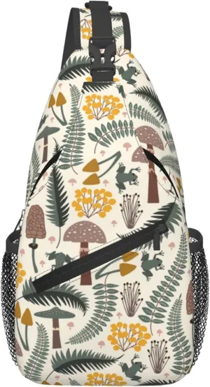 Mushroom Forest Leaves Sling Backpack Crossbody Bag, Chest Bag Daypack for Outdoors Hiking Traveling