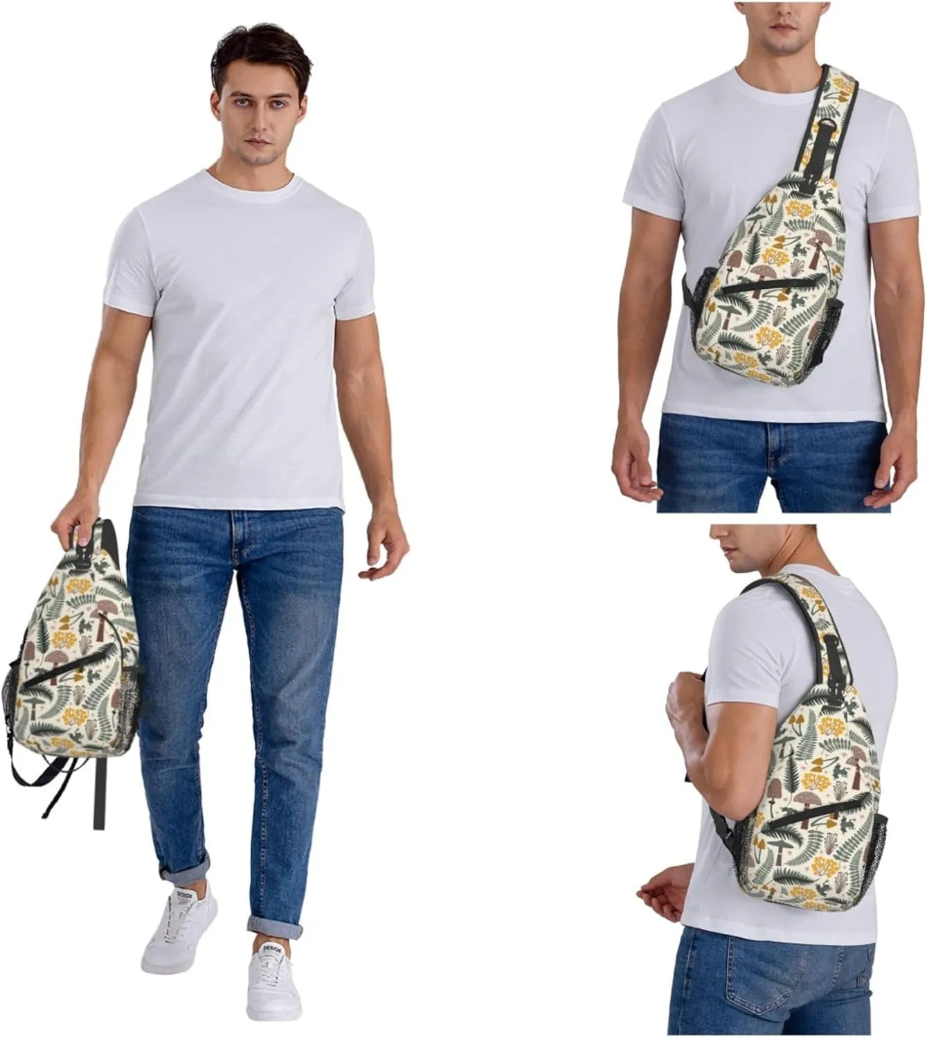 Mushroom Forest Leaves Sling Backpack Crossbody Bag, Chest Bag Daypack for Outdoors Hiking Traveling