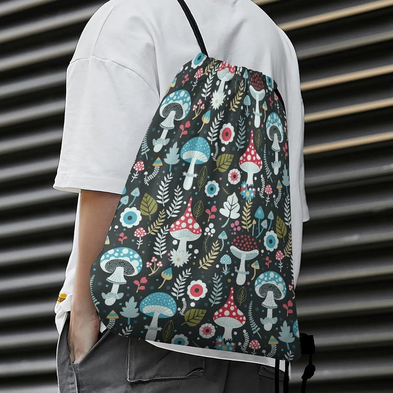 Mushroom Pattern Drawstring Backpack String Bag Sackpack Cinch for Gym Shopping Sport Yoga 35 * 42cm