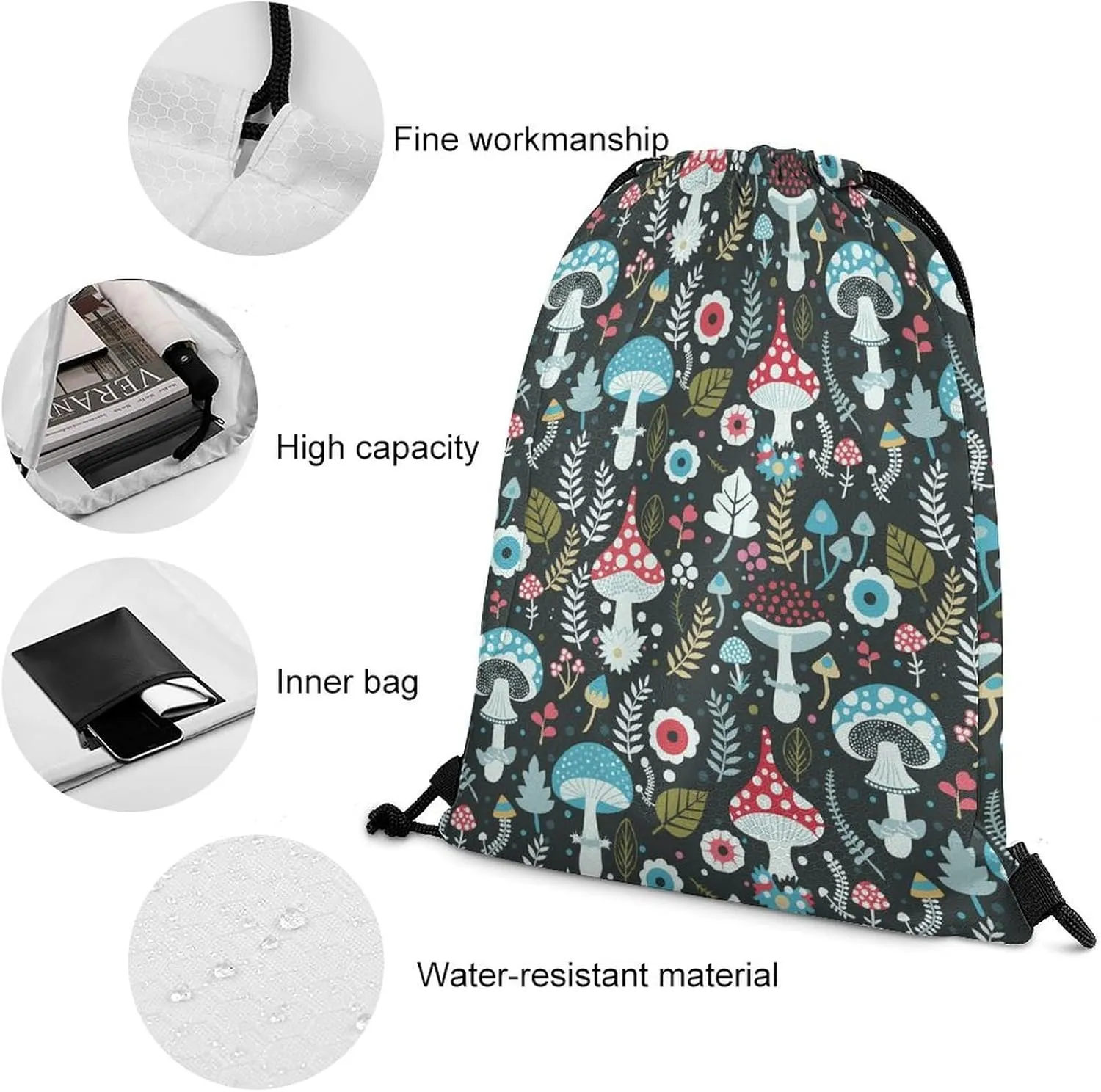 Mushroom Pattern Drawstring Backpack String Bag Sackpack Cinch for Gym Shopping Sport Yoga 35 * 42cm
