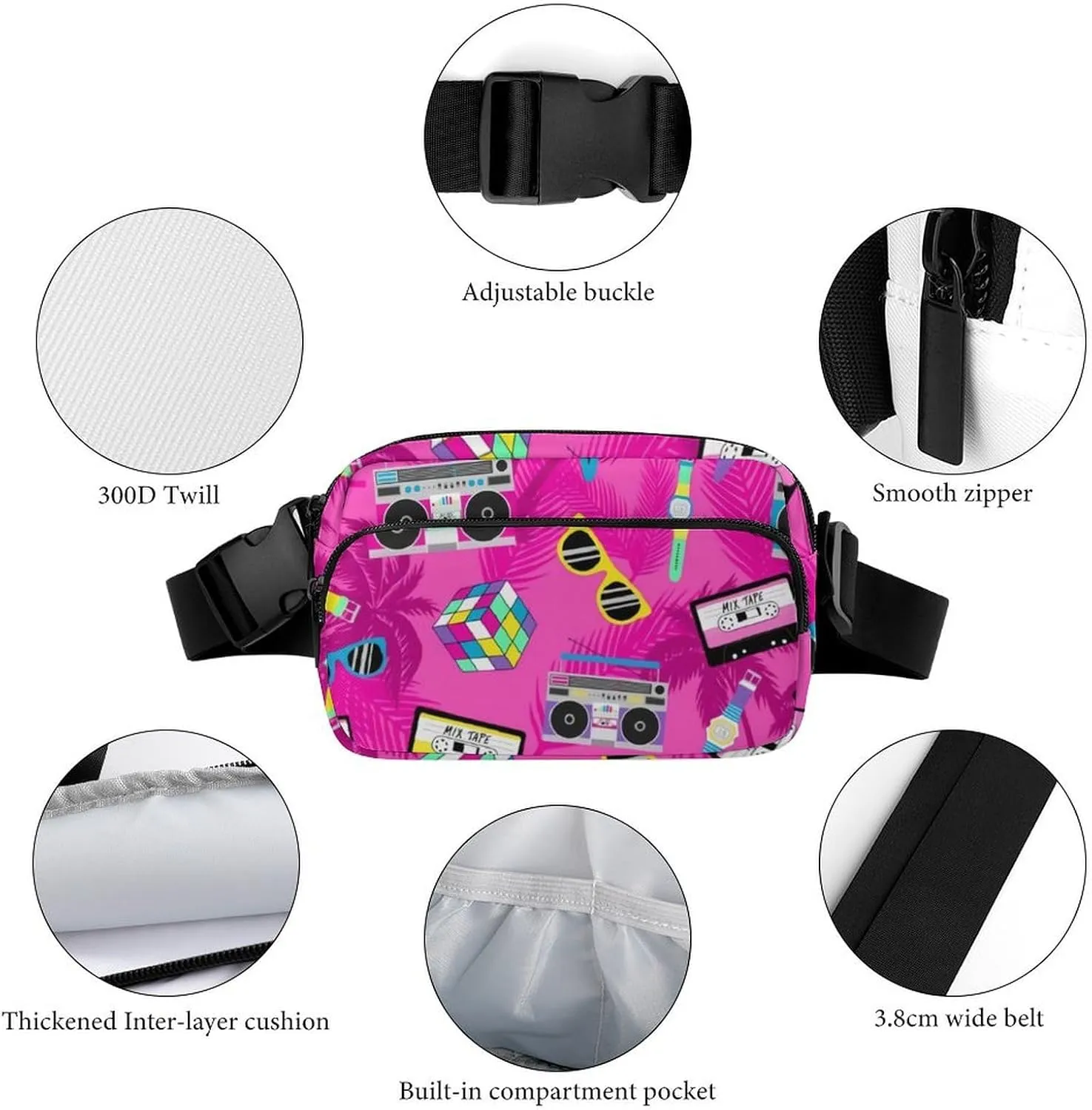Music And Fun Pink Design Large Capacity Portable All Print Waist Bag