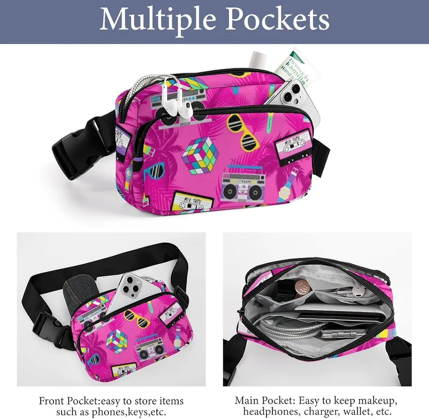 Music And Fun Pink Design Large Capacity Portable All Print Waist Bag
