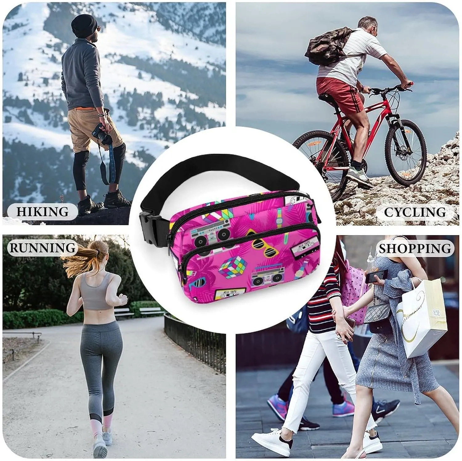 Music And Fun Pink Design Large Capacity Portable All Print Waist Bag
