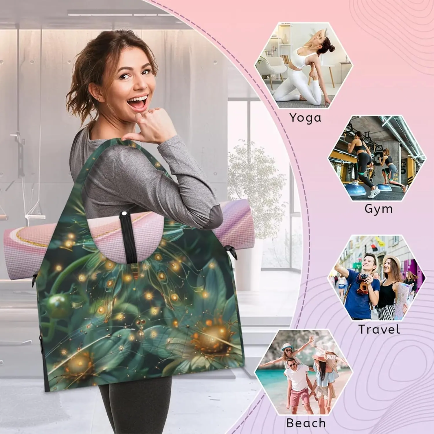 Mysterious Butterfly Night Gym Bag Yoga Mat Tote for Women with Shoes Compartment Lightweight Duffle Travel Carrier Wet Dry Storage Pockets Adjustable Pilates Mats Shoulder Bags for Sport Swim