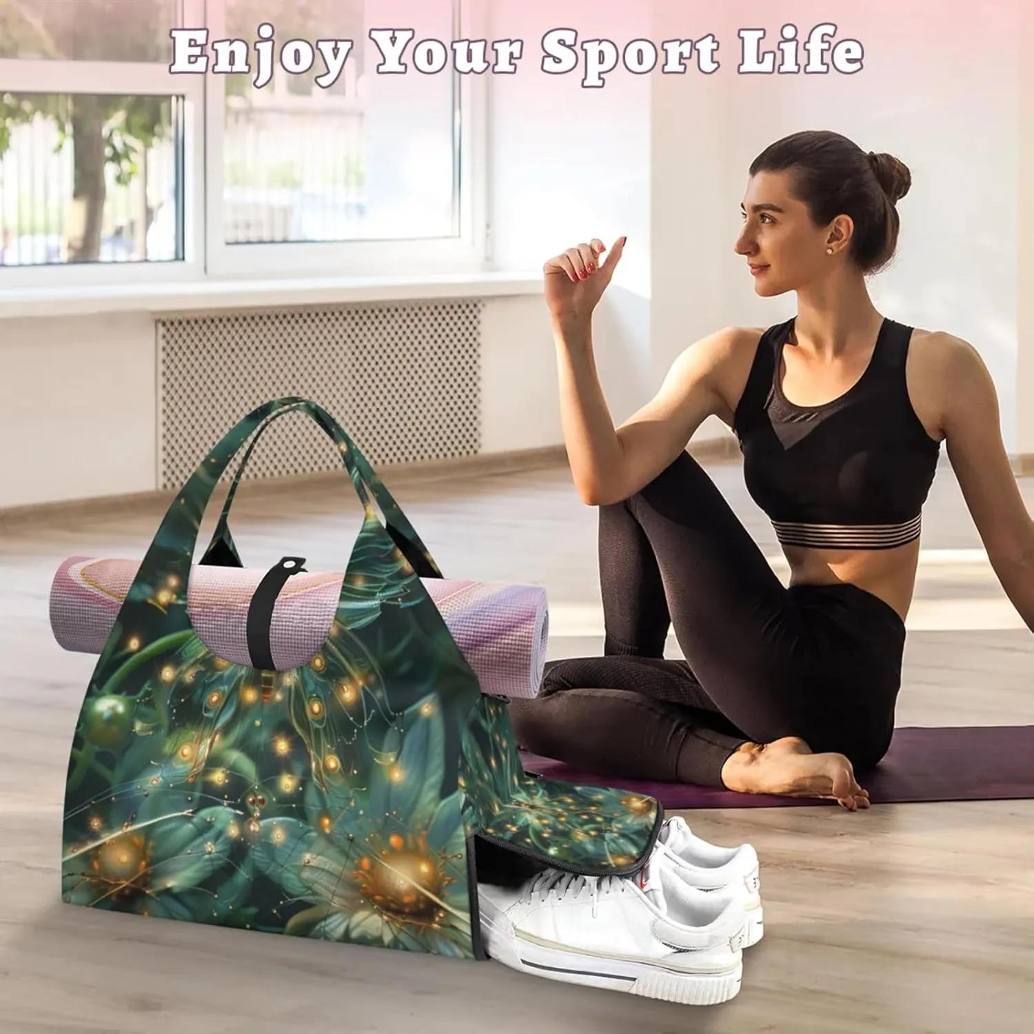 Mysterious Butterfly Night Gym Bag Yoga Mat Tote for Women with Shoes Compartment Lightweight Duffle Travel Carrier Wet Dry Storage Pockets Adjustable Pilates Mats Shoulder Bags for Sport Swim