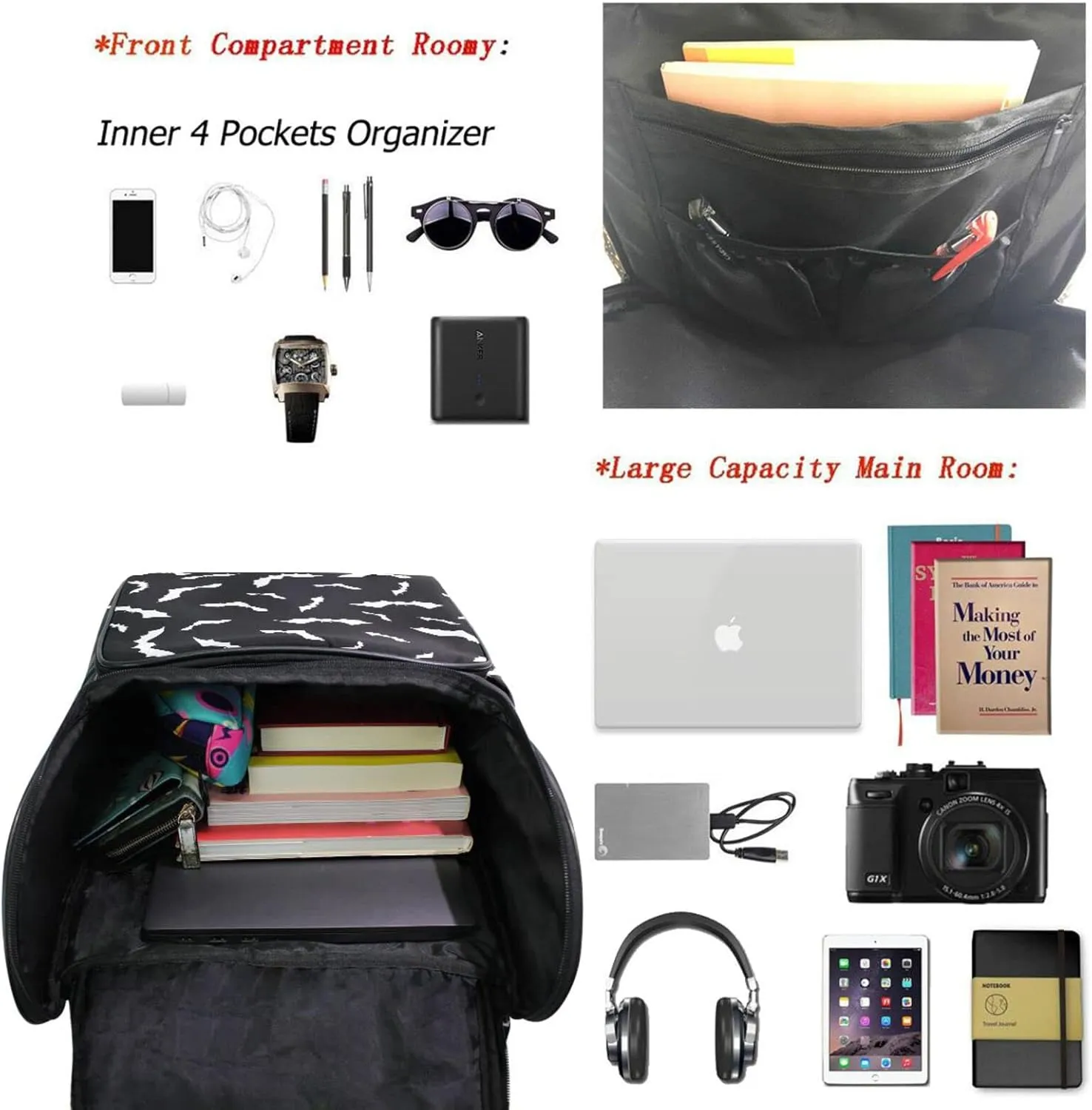 Naanle Stylish Bats Halloween Pattern Large College School Books Backpack Waterproof Computer Bag Travel Daypack for Man Woman