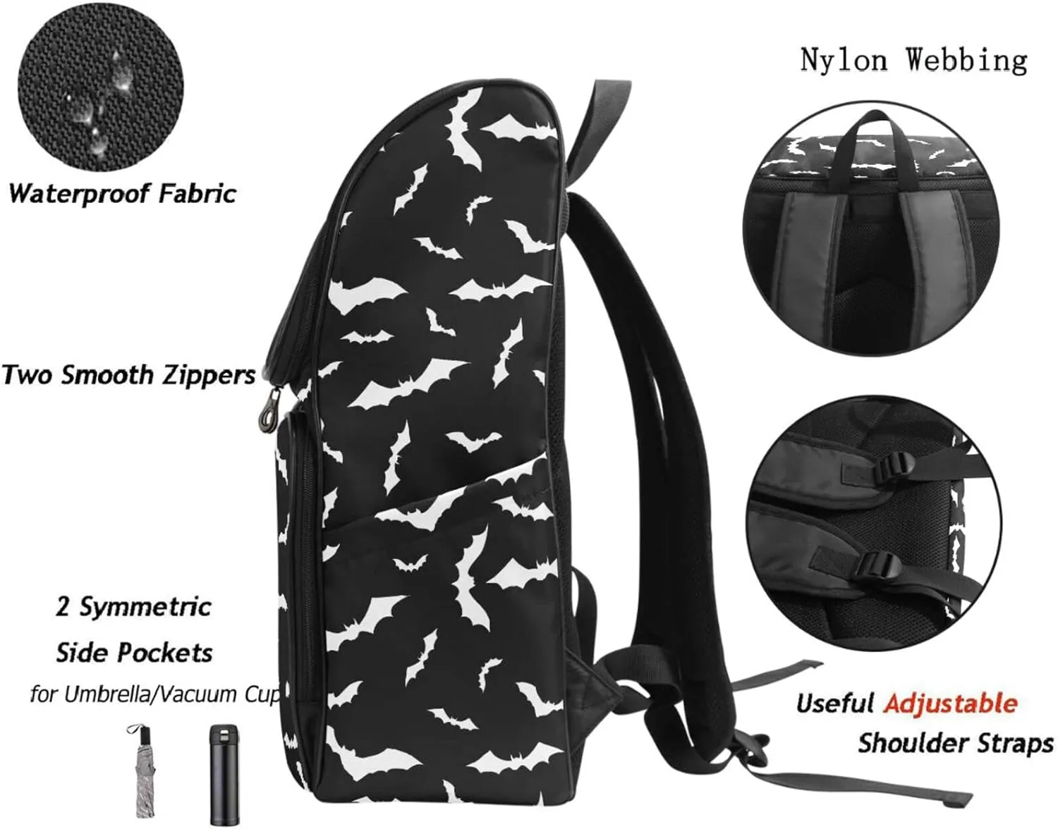 Naanle Stylish Bats Halloween Pattern Large College School Books Backpack Waterproof Computer Bag Travel Daypack for Man Woman