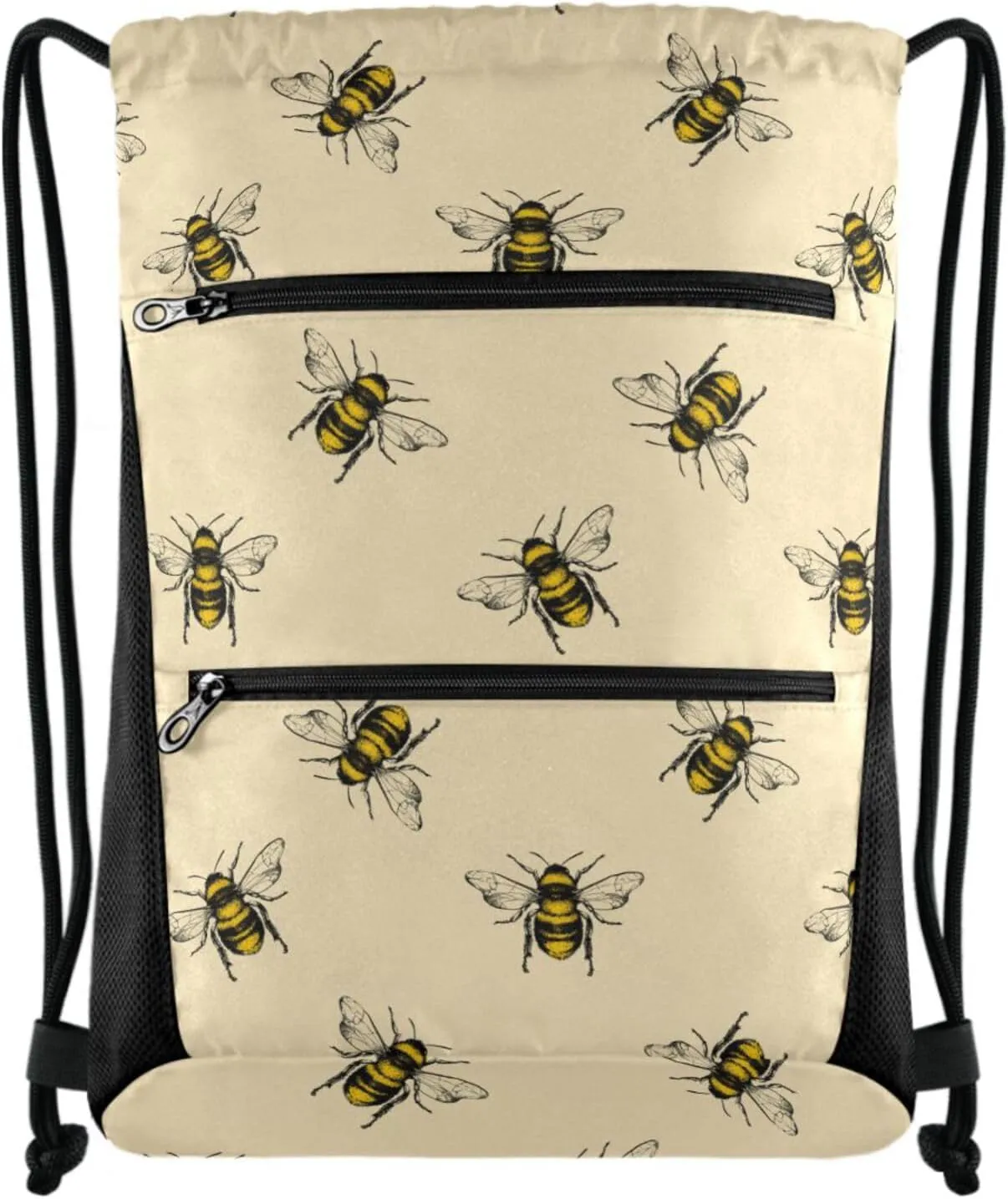 Nannle Large Retro Little Bee Pattern Drawstring Sackpack Bag with Pockets for Sport Equipment Gym Swimming