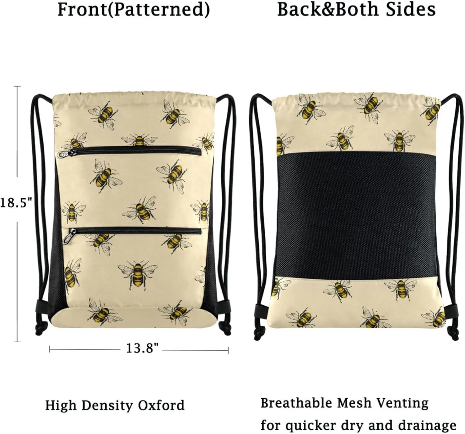 Nannle Large Retro Little Bee Pattern Drawstring Sackpack Bag with Pockets for Sport Equipment Gym Swimming