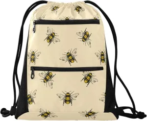 Nannle Large Retro Little Bee Pattern Drawstring Sackpack Bag with Pockets for Sport Equipment Gym Swimming