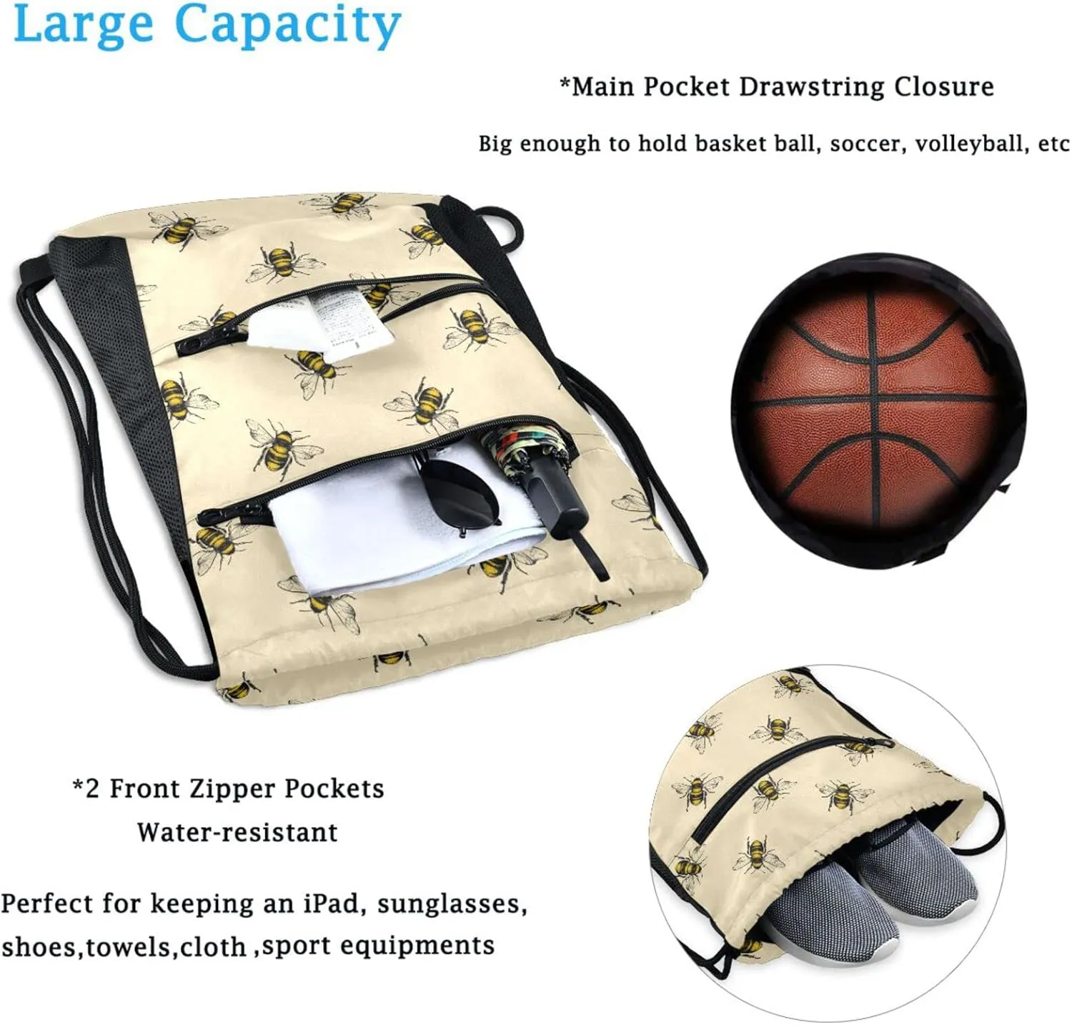 Nannle Large Retro Little Bee Pattern Drawstring Sackpack Bag with Pockets for Sport Equipment Gym Swimming