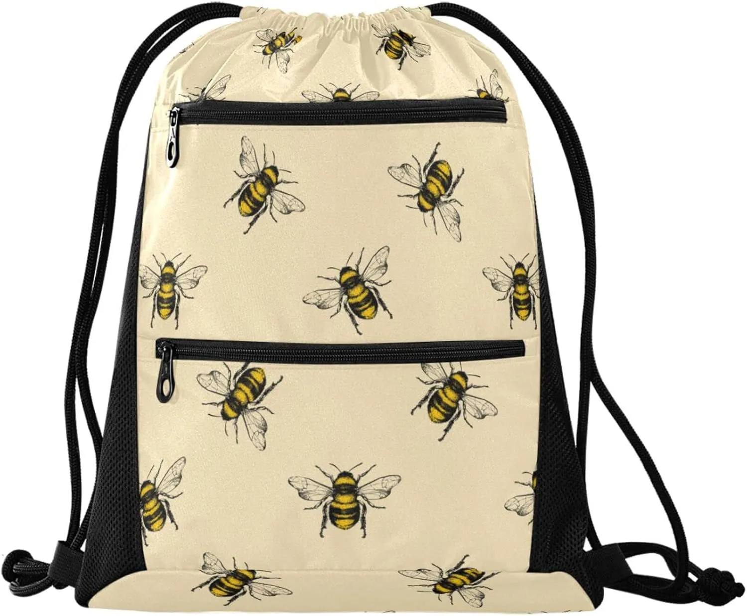 Nannle Large Retro Little Bee Pattern Drawstring Sackpack Bag with Pockets for Sport Equipment Gym Swimming
