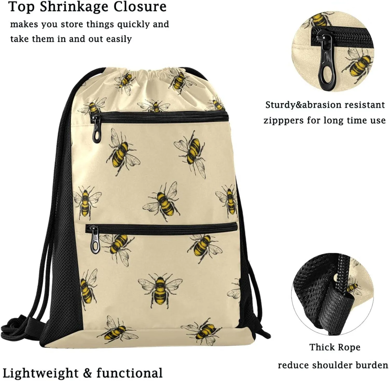 Nannle Large Retro Little Bee Pattern Drawstring Sackpack Bag with Pockets for Sport Equipment Gym Swimming