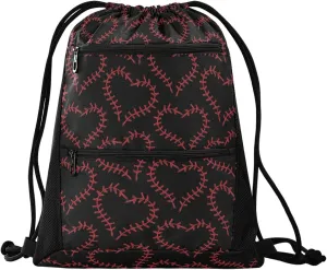 Nannle Large Stylish Baseball in Hearts Black Drawstring Sackpack,String Storage Bag with Pockets for Travel Gym Swimming Beach Camping