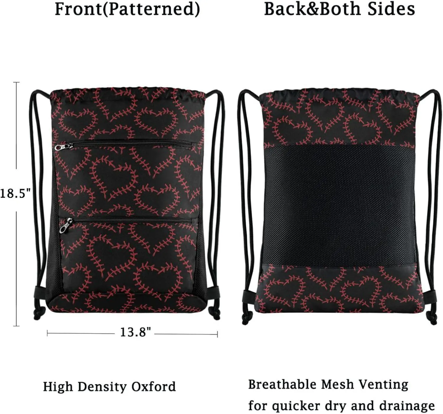 Nannle Large Stylish Baseball in Hearts Black Drawstring Sackpack,String Storage Bag with Pockets for Travel Gym Swimming Beach Camping