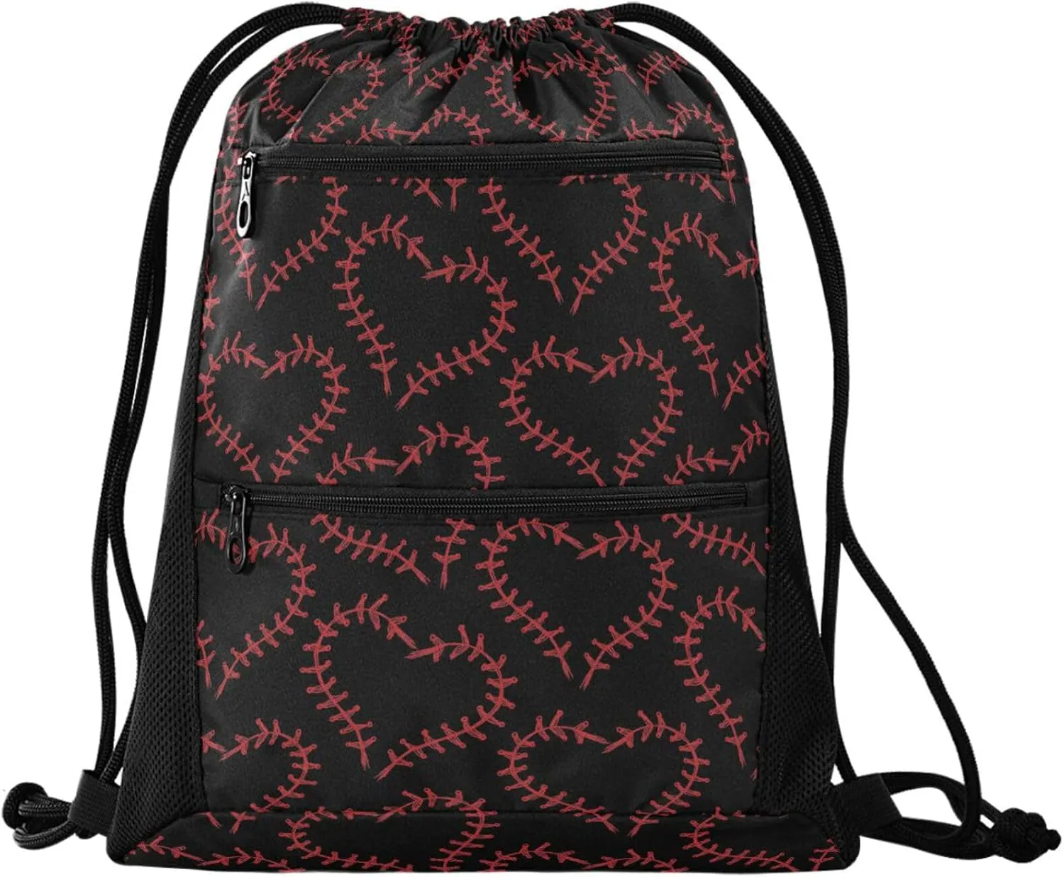 Nannle Large Stylish Baseball in Hearts Black Drawstring Sackpack,String Storage Bag with Pockets for Travel Gym Swimming Beach Camping