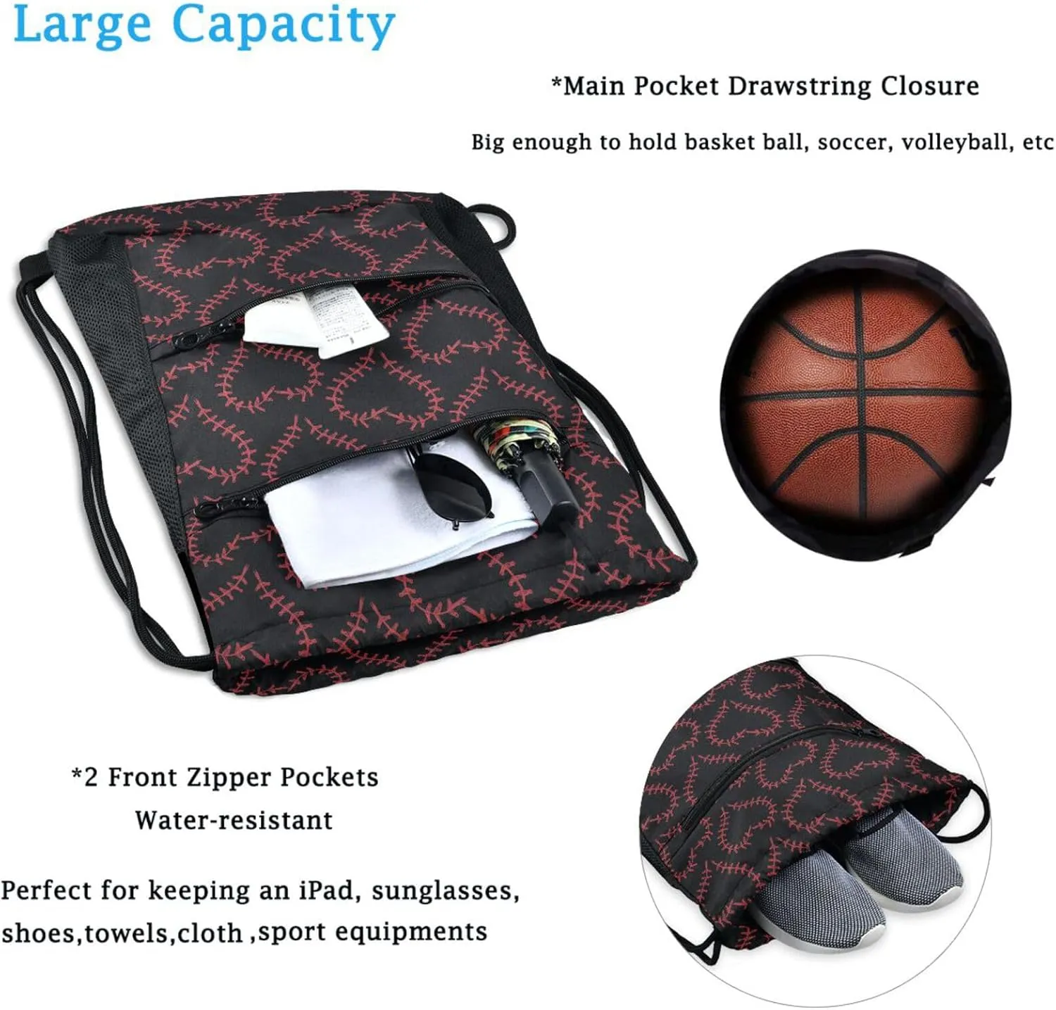 Nannle Large Stylish Baseball in Hearts Black Drawstring Sackpack,String Storage Bag with Pockets for Travel Gym Swimming Beach Camping