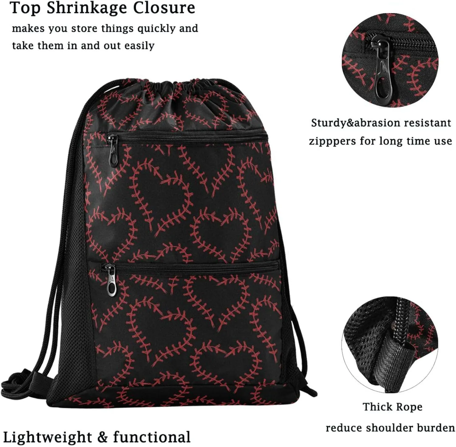 Nannle Large Stylish Baseball in Hearts Black Drawstring Sackpack,String Storage Bag with Pockets for Travel Gym Swimming Beach Camping
