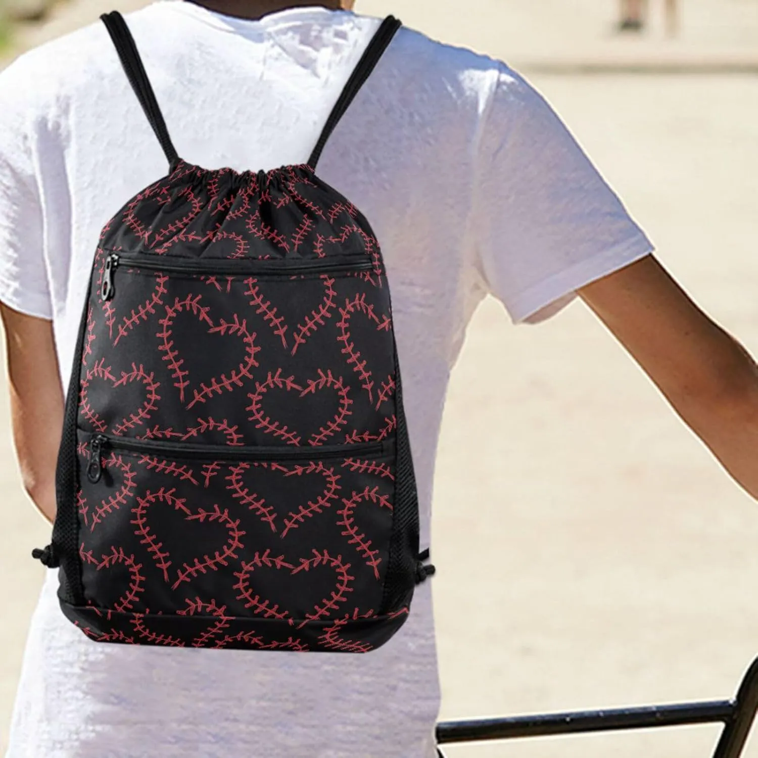 Nannle Large Stylish Baseball in Hearts Black Drawstring Sackpack,String Storage Bag with Pockets for Travel Gym Swimming Beach Camping