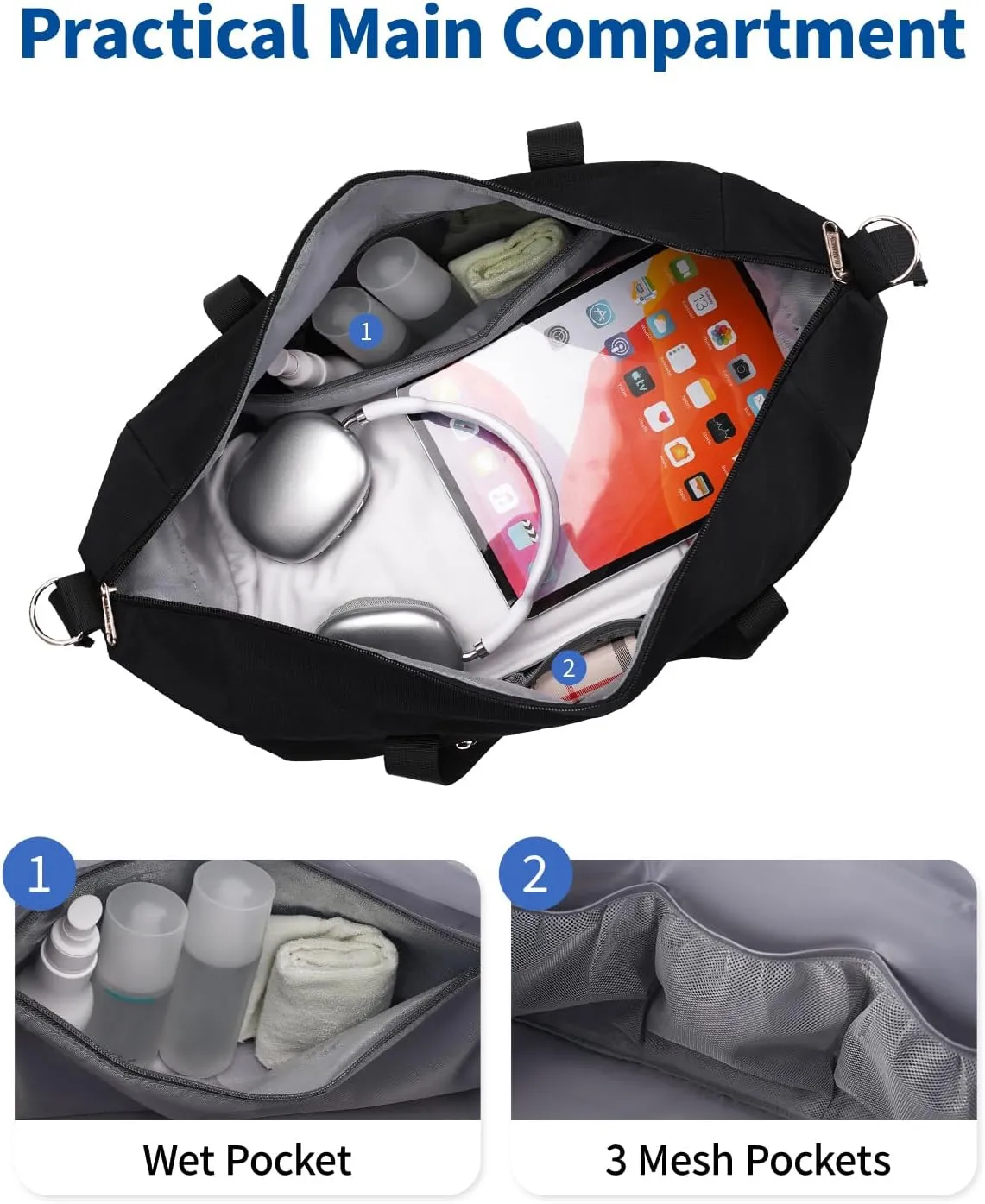 Narwey Carry on luaggage 22x14x9 Airlines Approved Foldable Carry on Bag Travel Duffel Packable Duffle with Wet Pocket Overnight for Women and Men 40L (Black)