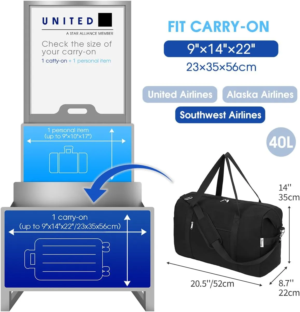 Narwey Carry on luaggage 22x14x9 Airlines Approved Foldable Carry on Bag Travel Duffel Packable Duffle with Wet Pocket Overnight for Women and Men 40L (Black)