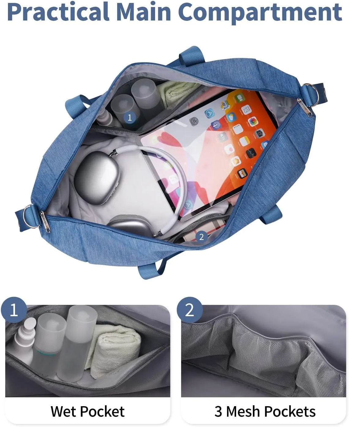Narwey Carry on luaggage 22x14x9 Airlines Approved Foldable Carry on Bag Travel Duffel Packable Duffle with Wet Pocket Overnight for Women and Men 40L (Navy Blue)