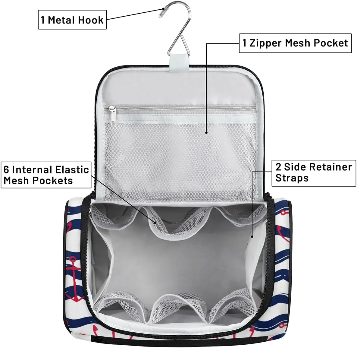Nautical Anchor Large Travel Toiletry Bag for Women, Travel Organizer for Toiletries, Waterproof Makeup Cosmetic Bag with Handle