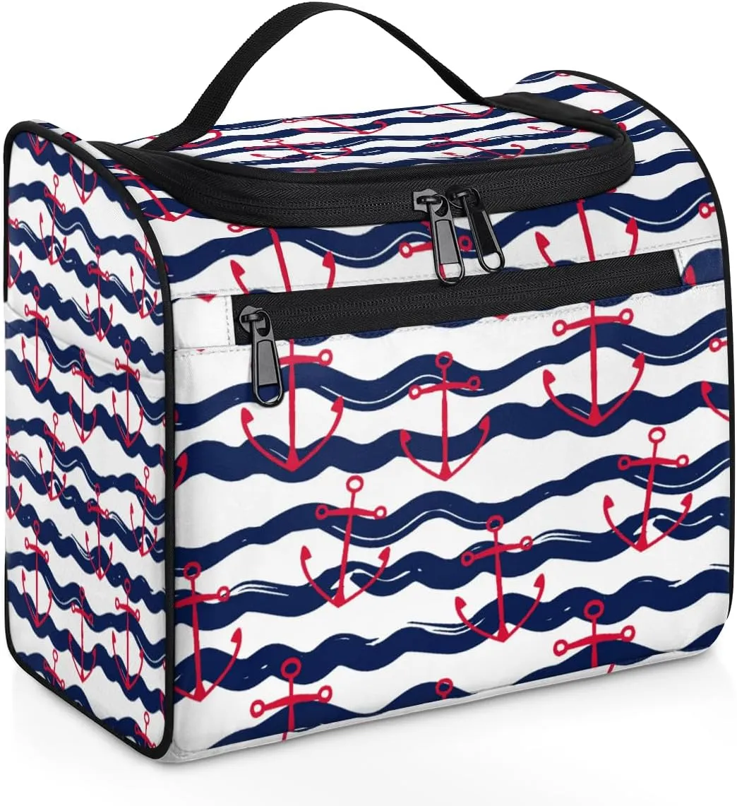 Nautical Anchor Large Travel Toiletry Bag for Women, Travel Organizer for Toiletries, Waterproof Makeup Cosmetic Bag with Handle