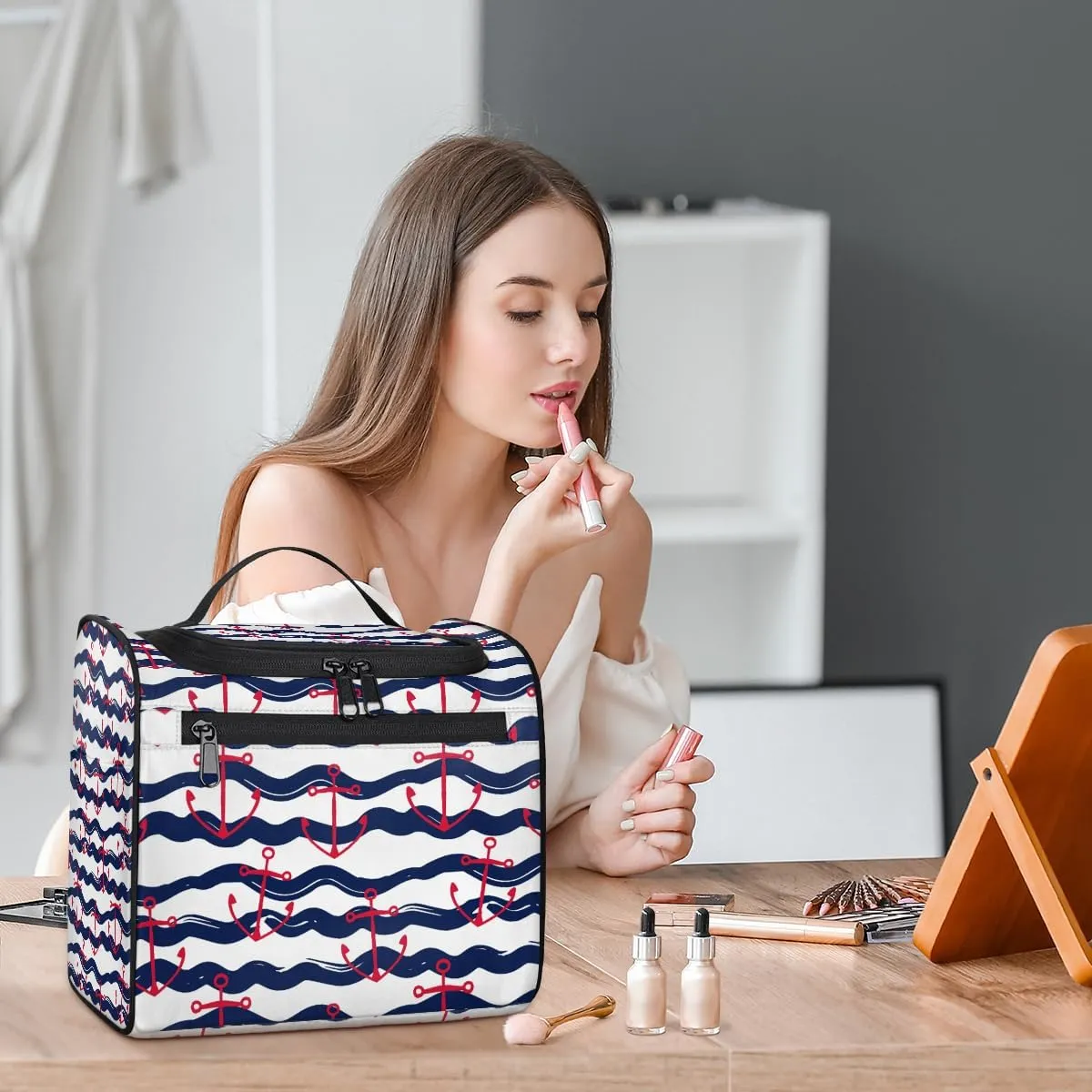 Nautical Anchor Large Travel Toiletry Bag for Women, Travel Organizer for Toiletries, Waterproof Makeup Cosmetic Bag with Handle