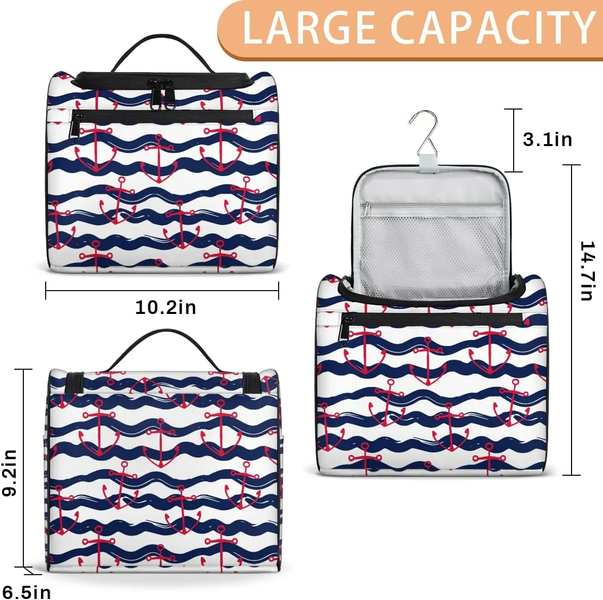 Nautical Anchor Large Travel Toiletry Bag for Women, Travel Organizer for Toiletries, Waterproof Makeup Cosmetic Bag with Handle