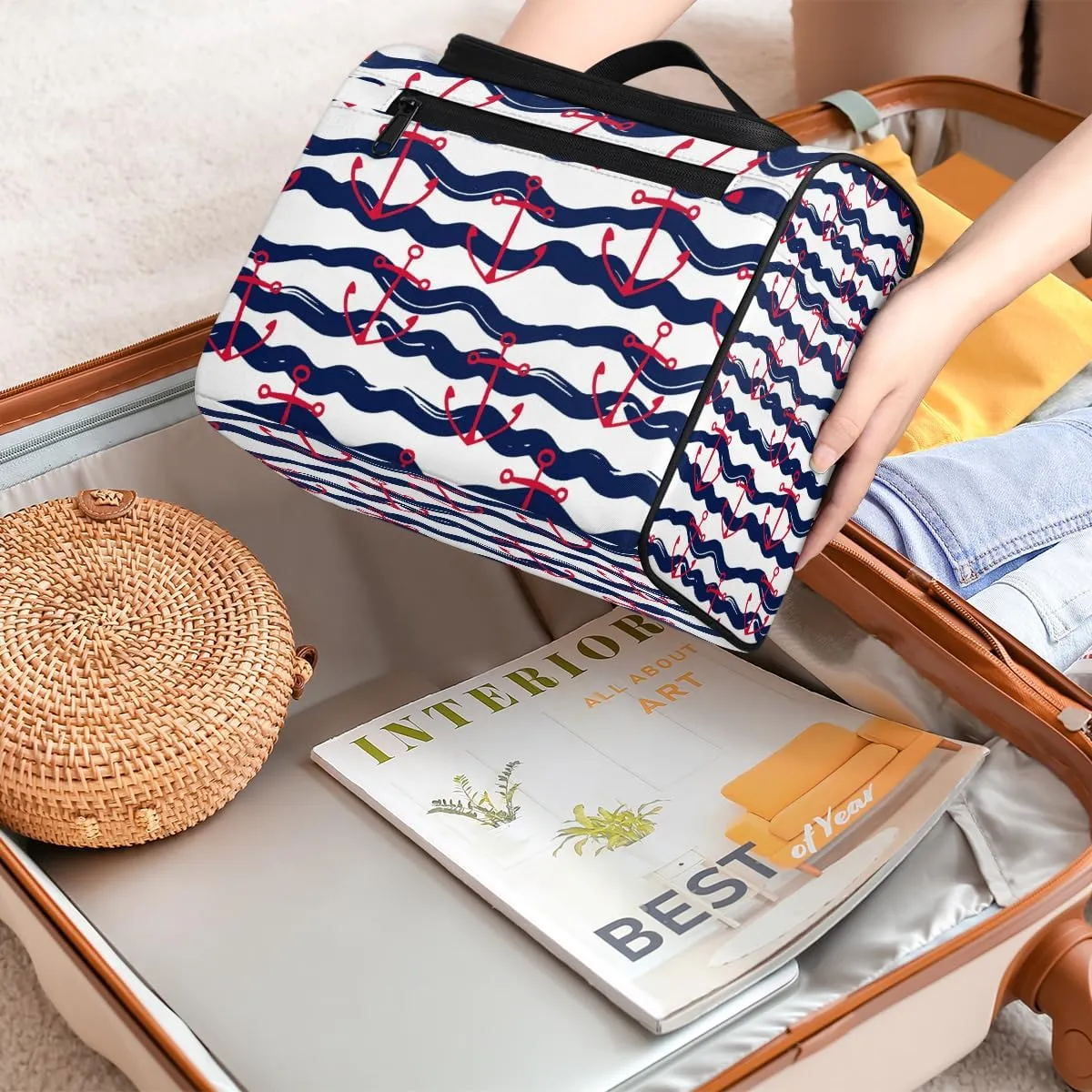 Nautical Anchor Large Travel Toiletry Bag for Women, Travel Organizer for Toiletries, Waterproof Makeup Cosmetic Bag with Handle