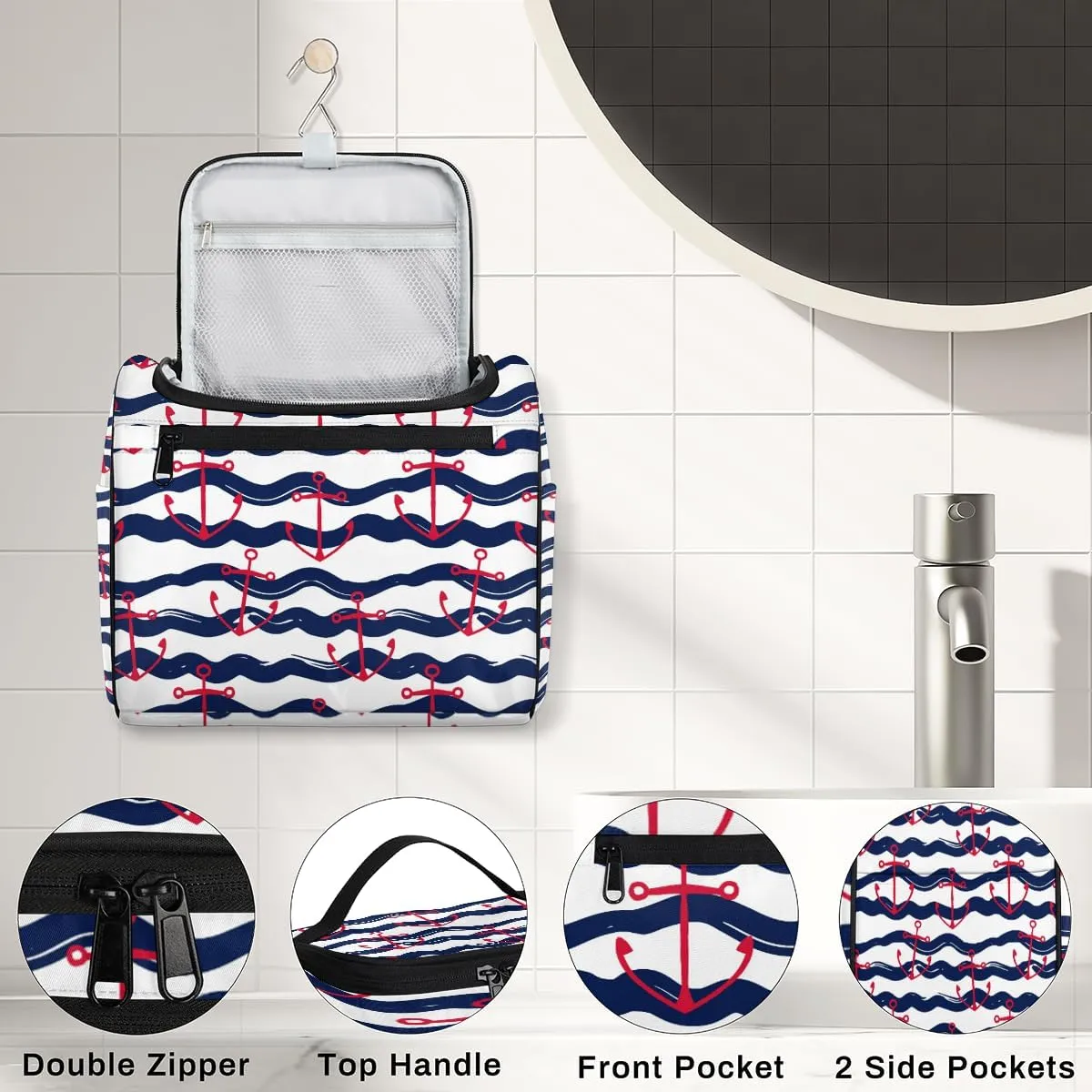 Nautical Anchor Large Travel Toiletry Bag for Women, Travel Organizer for Toiletries, Waterproof Makeup Cosmetic Bag with Handle
