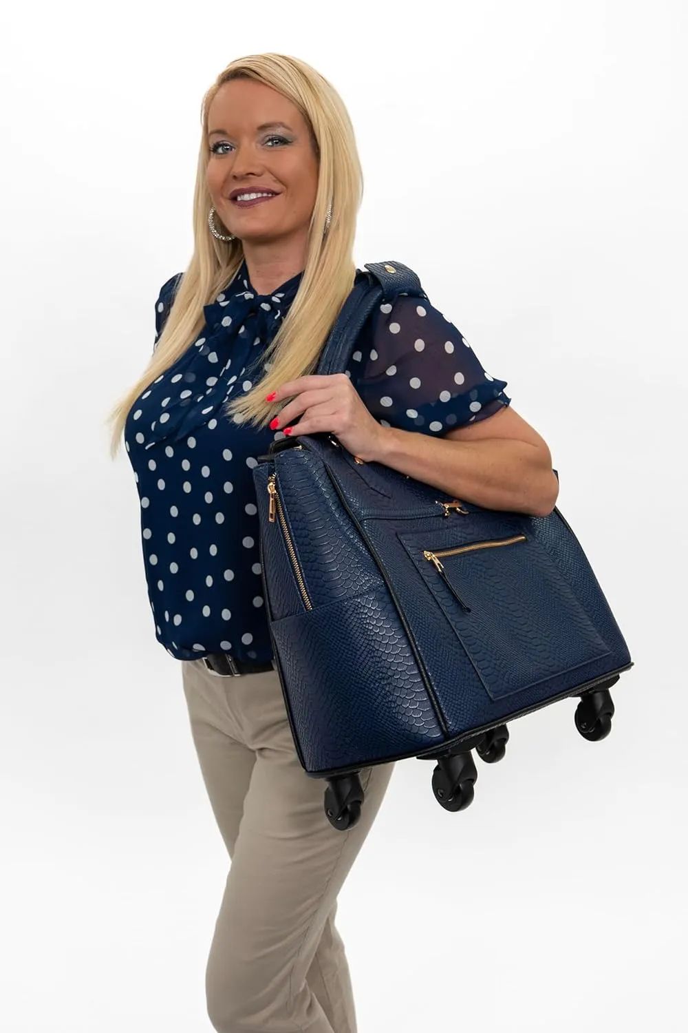 Navy Blue Rolling Laptop Bag for Women – 17.3" Snakeskin-Embossed PU Leather Wheeled Briefcase – Stylish Business Travel Tote with 4 Spinner Wheels for Work, Meetings, and Commute