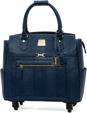 Navy Blue Rolling Laptop Bag for Women – 17.3" Snakeskin-Embossed PU Leather Wheeled Briefcase – Stylish Business Travel Tote with 4 Spinner Wheels for Work, Meetings, and Commute
