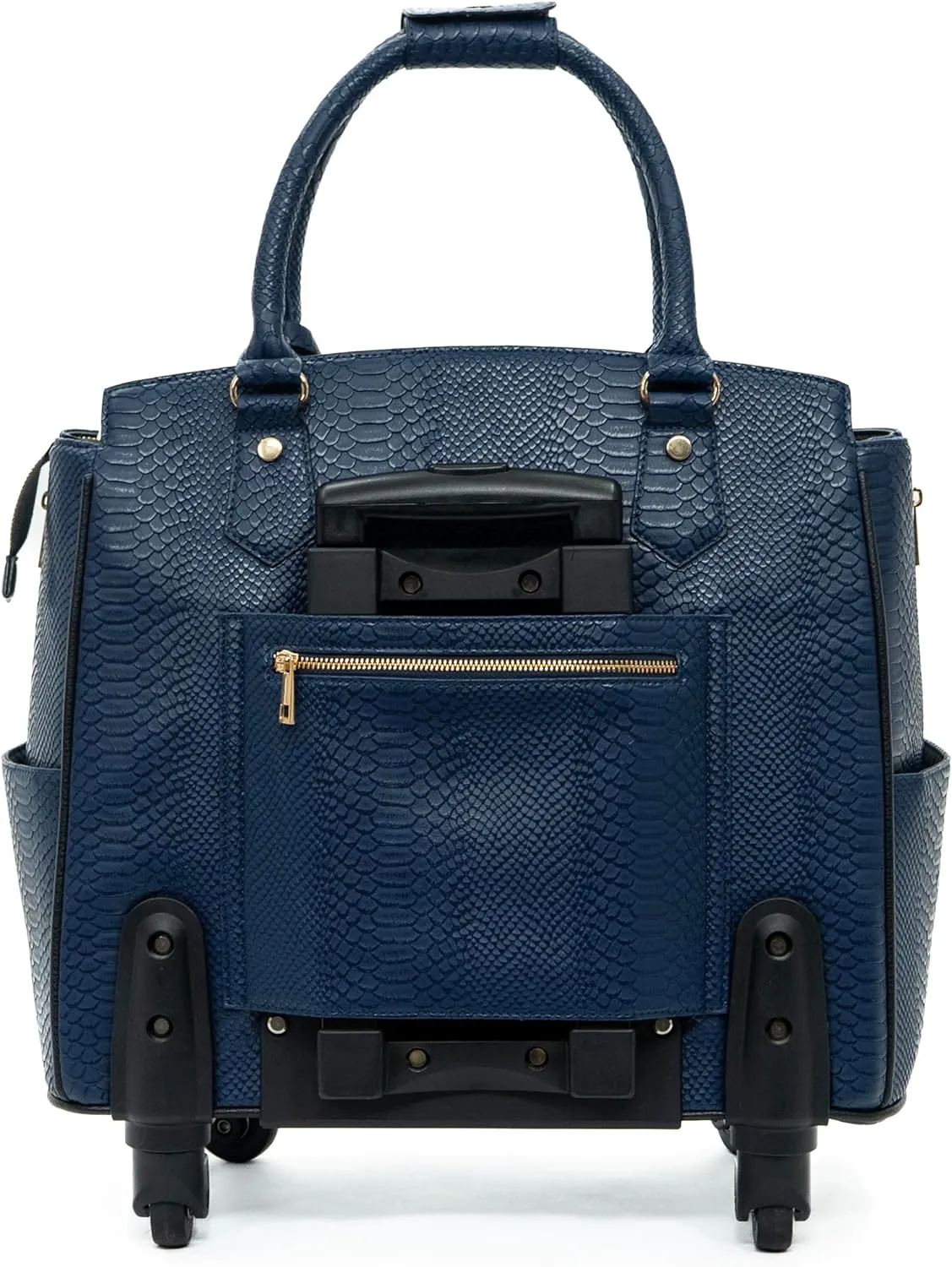 Navy Blue Rolling Laptop Bag for Women – 17.3" Snakeskin-Embossed PU Leather Wheeled Briefcase – Stylish Business Travel Tote with 4 Spinner Wheels for Work, Meetings, and Commute