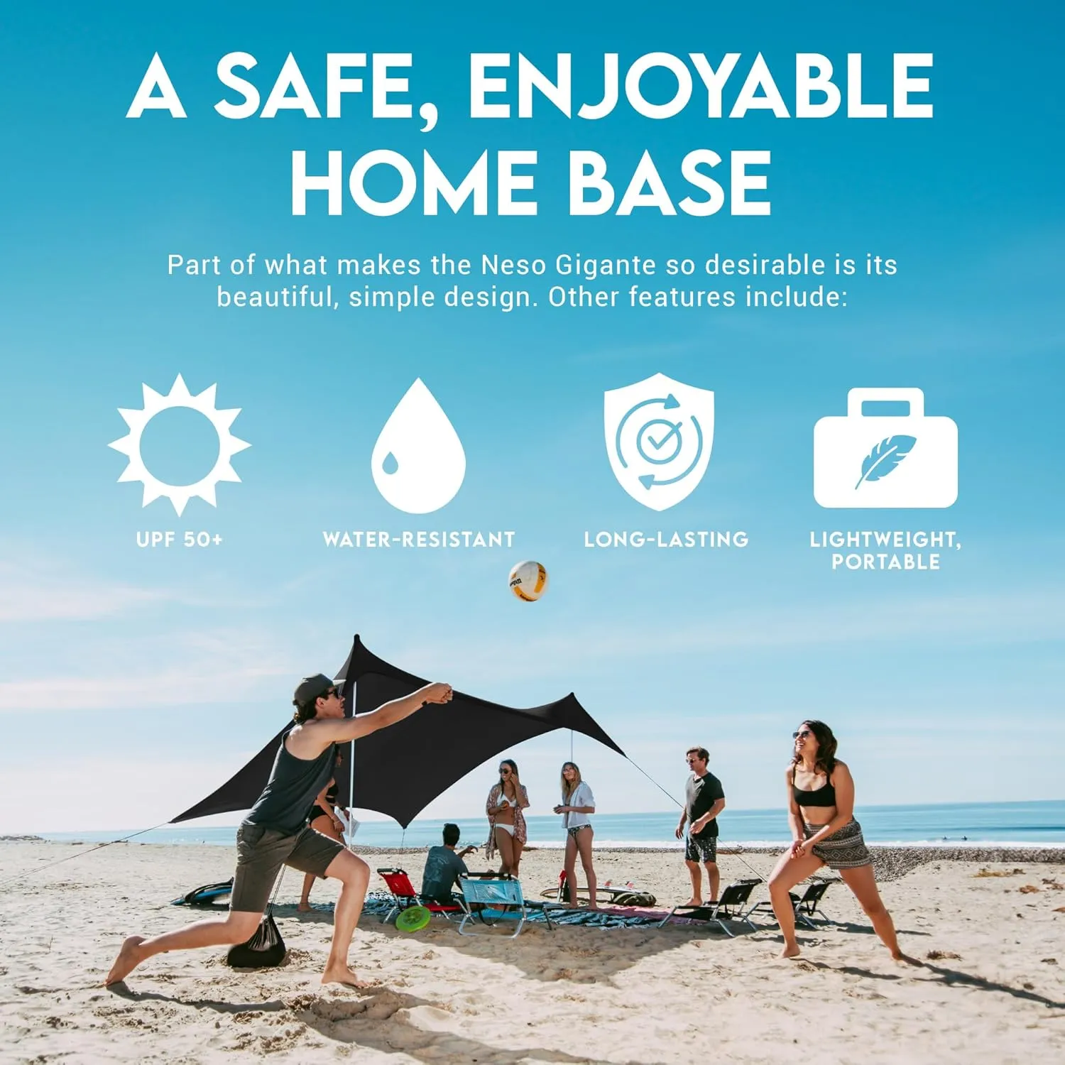 Neso Gigante - Portable Beach Tent - Ideal to Enjoy with Family and Friends - UPF 50 , Water-Resistant, and Lightweight - Black, 11' x 11'