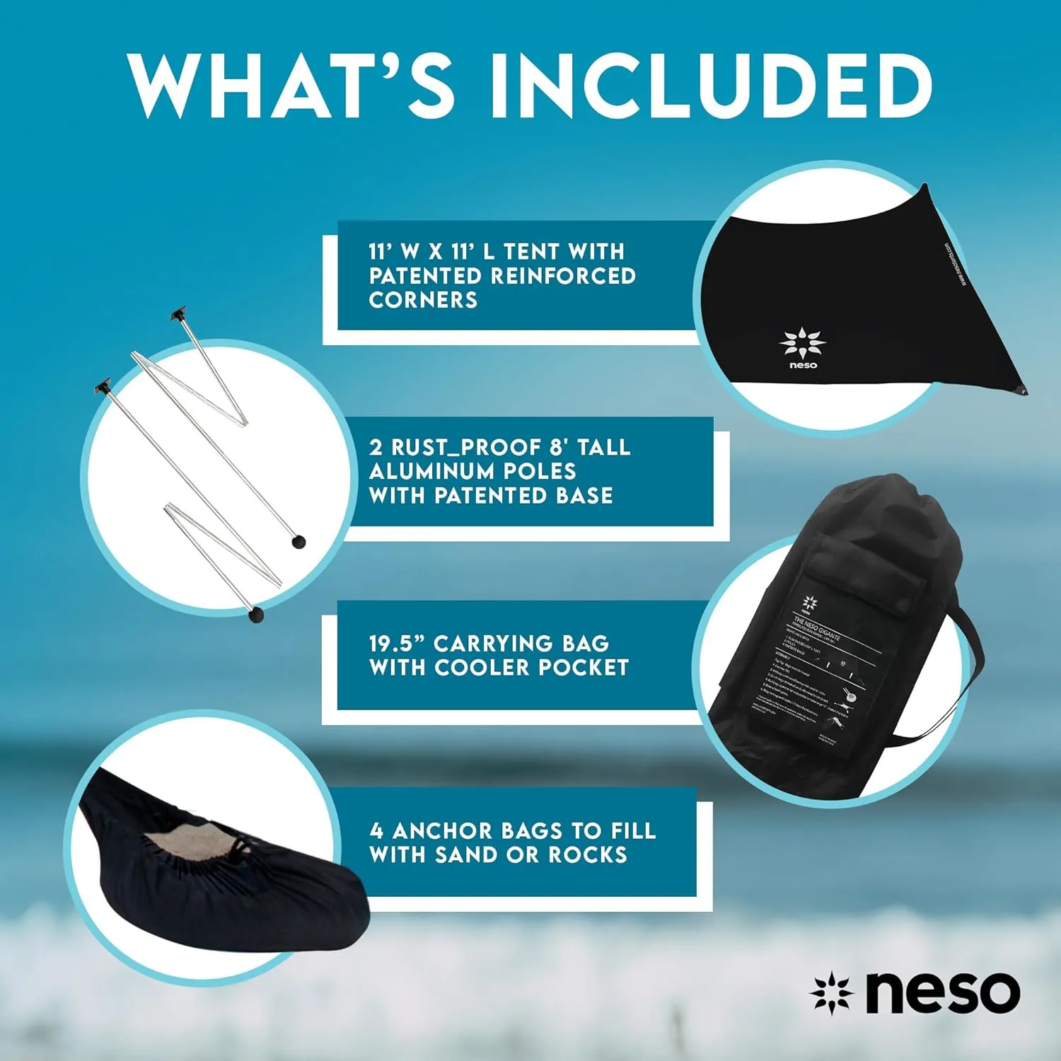 Neso Gigante - Portable Beach Tent - Ideal to Enjoy with Family and Friends - UPF 50 , Water-Resistant, and Lightweight - Black, 11' x 11'
