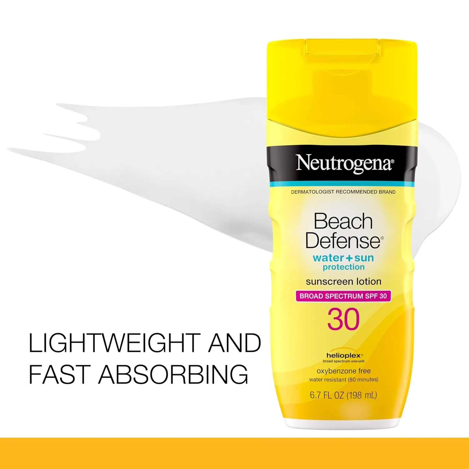 Neutrogena Sunscreen Lotion Beach Defense SPF 30, 6.7 fl oz, Face and Body Sunscreen, Oil Free, Fast Absorbing, Oxybenzone Free Sun Care