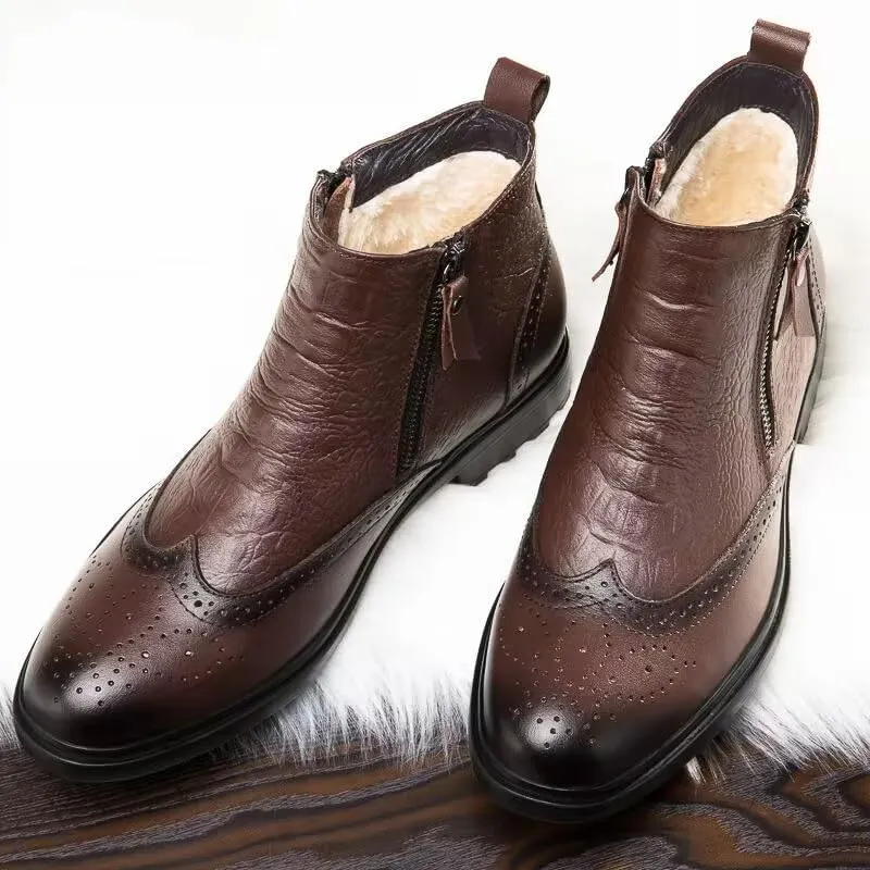 New Ankle Boots For Men Non Slip Anti-slip Block Heel Leather Brogue Embossed Wingtips Double Side Zip Vintage Stylish Casual