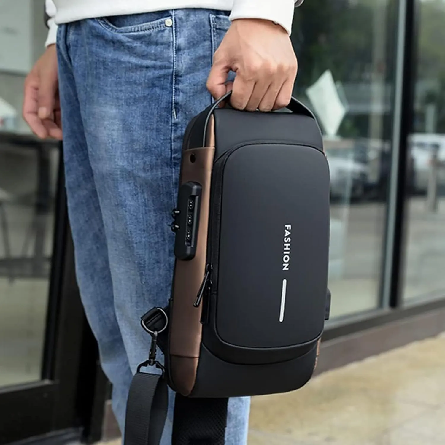 New Carbon Fiber Streamline Anti-Theft Sling Bag, Usb Charging Sport Sling, Waterproof Shoulder Backpack (Blue-A)