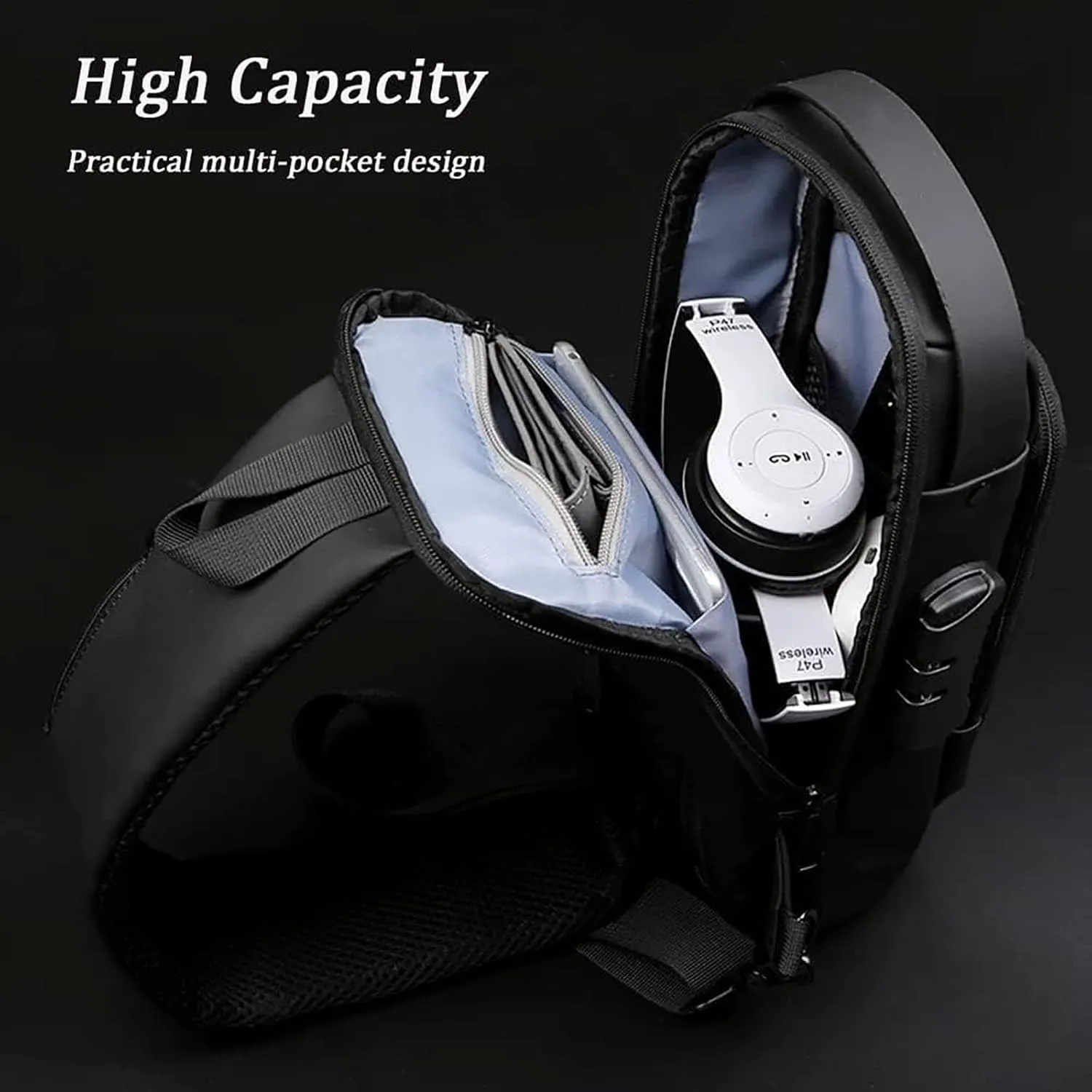 New Carbon Fiber Streamline Anti-Theft Sling Bag, Usb Charging Sport Sling, Waterproof Shoulder Backpack (Blue-A)