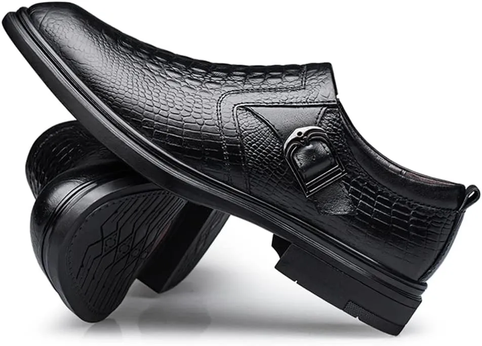 New Dress Oxford Formal Shoes for Men Slip On Monk Strap Crocodile Embossed Vegan Leather Block Heel Low Top Anti-Slip Rubber Sole Slip Resistant Working