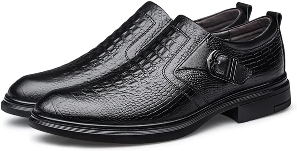 New Dress Oxford Formal Shoes for Men Slip On Monk Strap Crocodile Embossed Vegan Leather Block Heel Low Top Anti-Slip Rubber Sole Slip Resistant Working