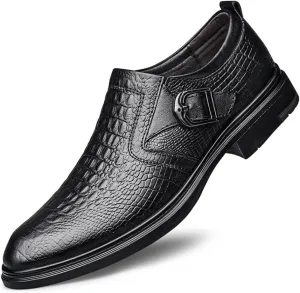 New Dress Shoes for Men Slip On Round Toe Monk Strap Crocodile Embossed Vegan Leather Low Top Block Heel Rubber Sole Non Slip Walking