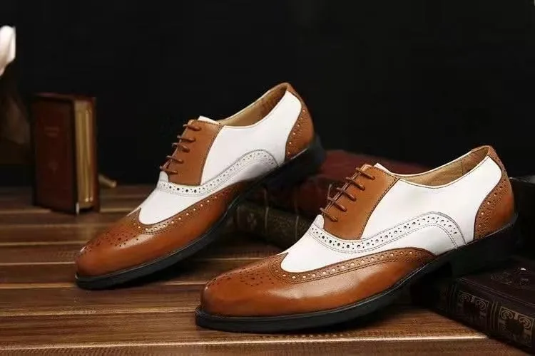 New Formal Shoes for Men Lace Up Brogue Embossed Wing tip PU Leather Two Tone Oxford Shoes Anti-Slip Rubber Sole Non Slip Block Heel Business