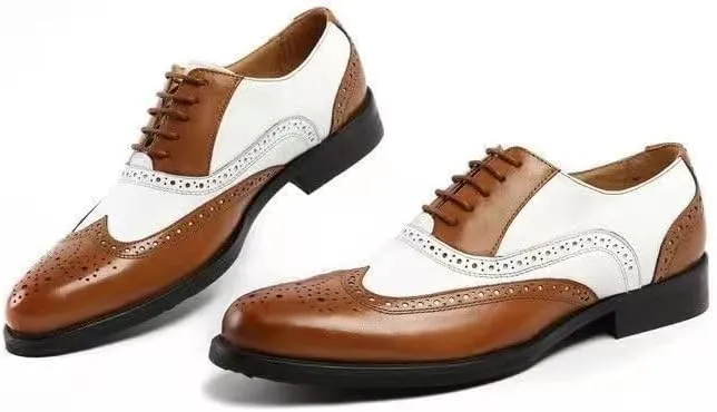 New Formal Shoes for Men Lace Up Brogue Embossed Wing tip PU Leather Two Tone Oxford Shoes Anti-Slip Rubber Sole Non Slip Block Heel Business