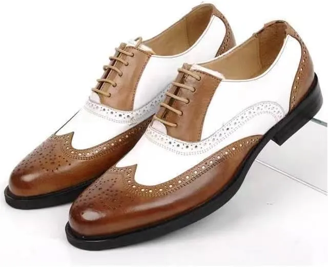 New Formal Shoes for Men Lace Up Brogue Embossed Wing tip PU Leather Two Tone Oxford Shoes Anti-Slip Rubber Sole Non Slip Block Heel Business