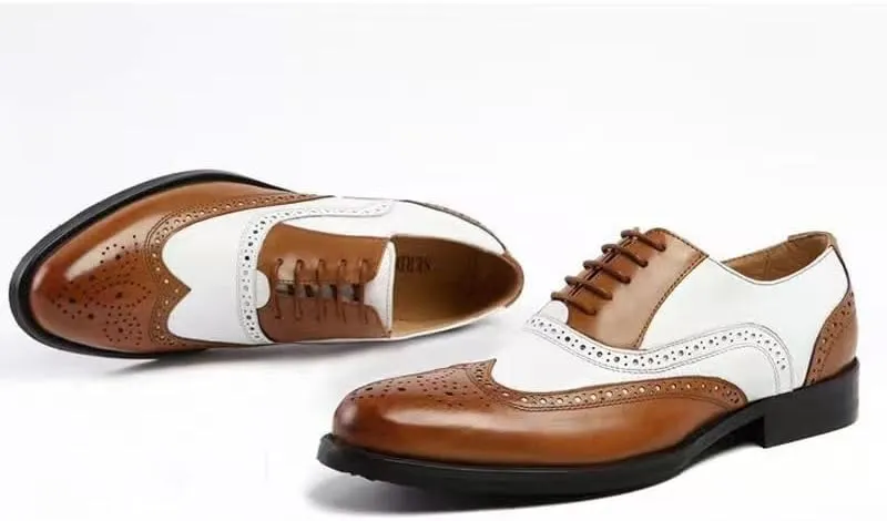 New Formal Shoes for Men Lace Up Brogue Embossed Wing tip PU Leather Two Tone Oxford Shoes Anti-Slip Rubber Sole Non Slip Block Heel Business