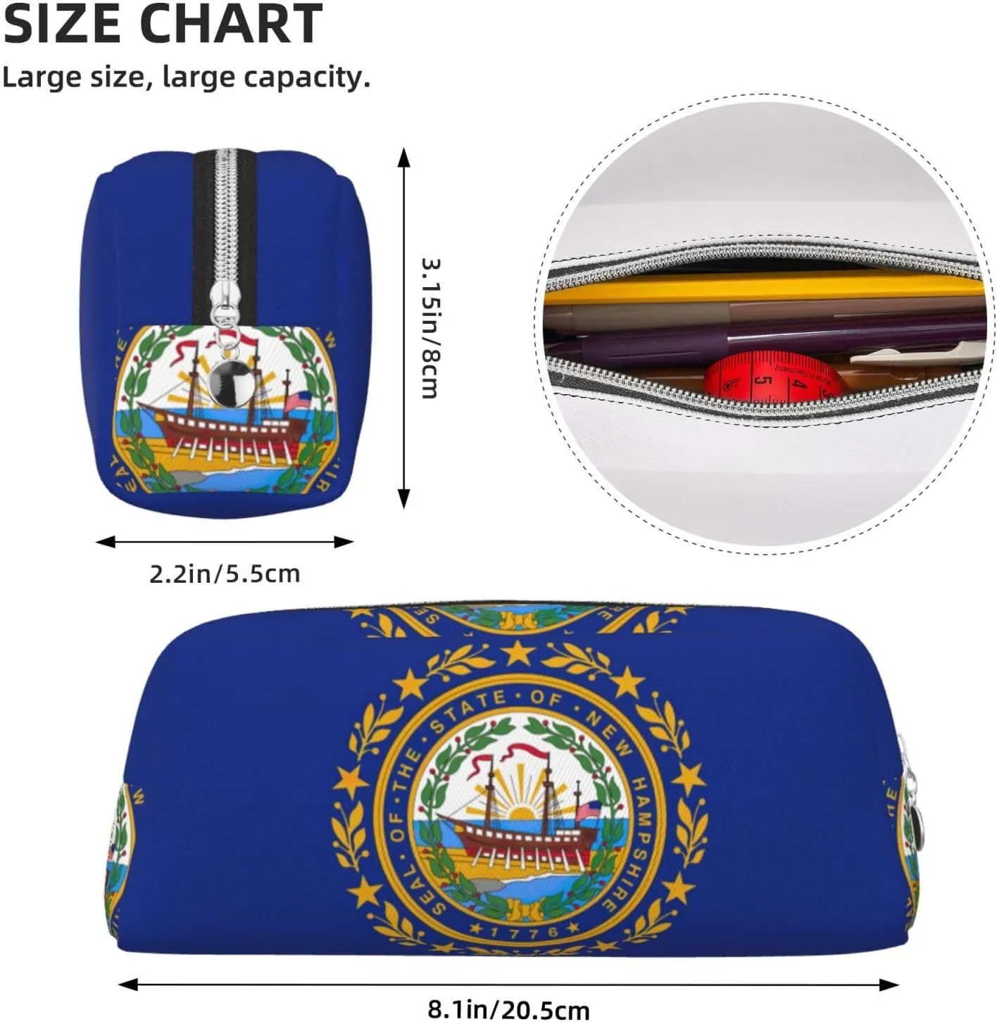 New Hampshire State Flag Print Large Capacity Pencil Case,Pencil Pouch With Zipper, Durable Leather Pen Bag For Office, Travel
